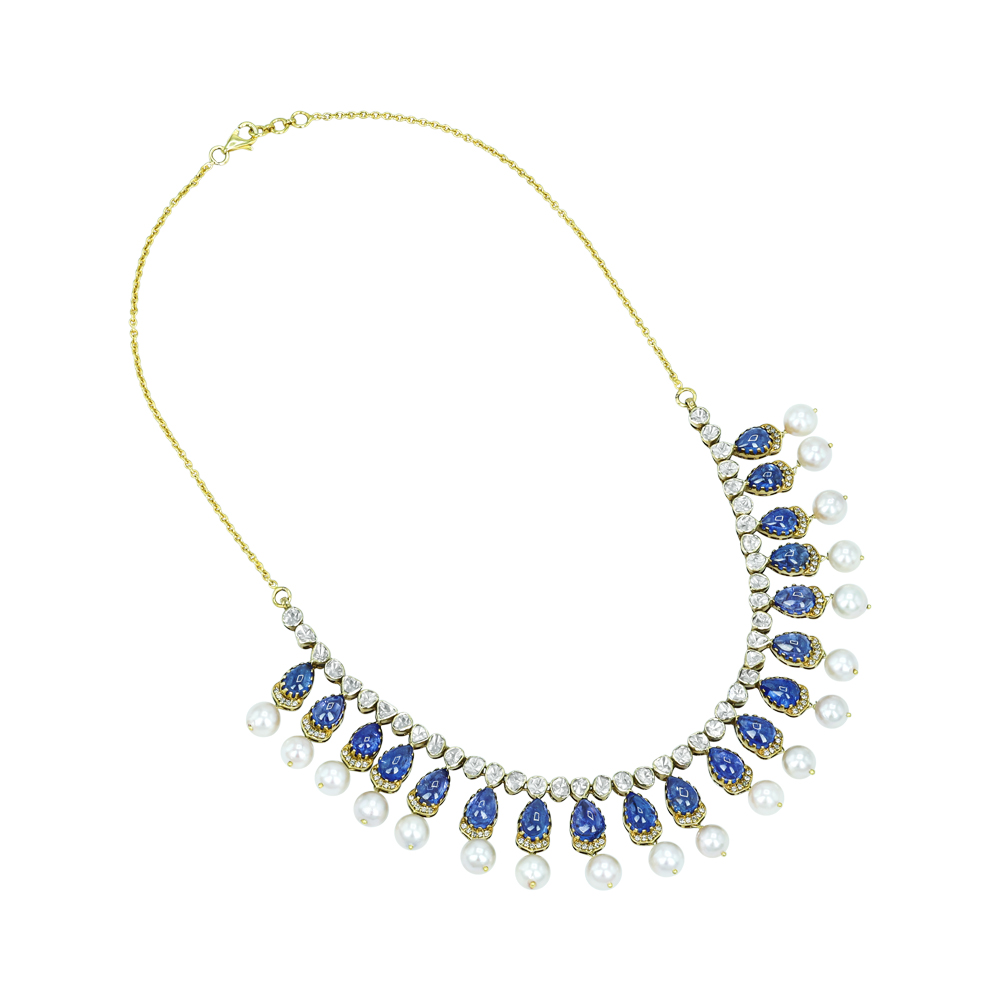 Tanzanite Necklace Set with Polki Diamonds and Pearl Drops